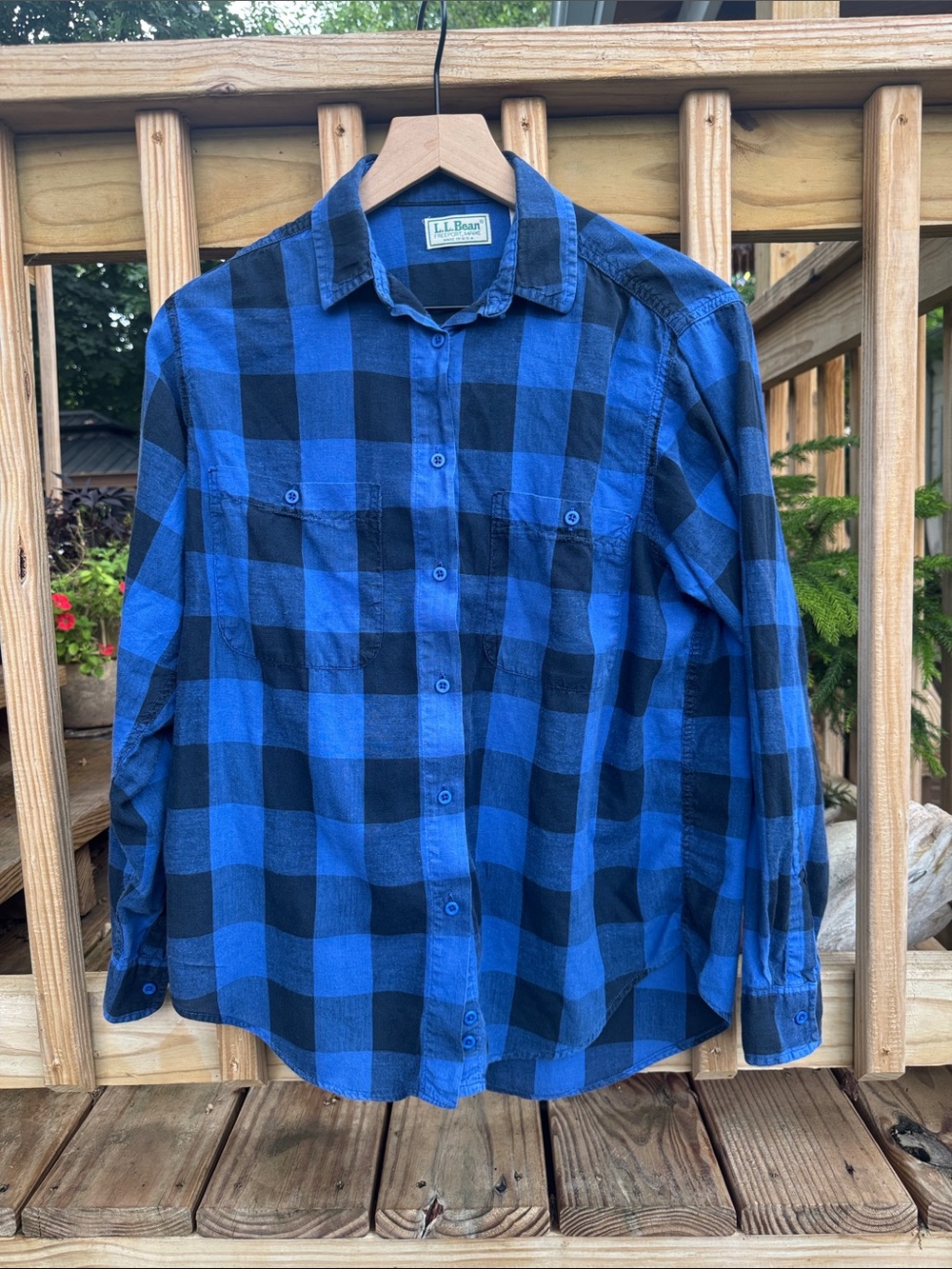 Vtg L.L. Bean Blue and Black Buffalo Plaid Button-Down Shirt